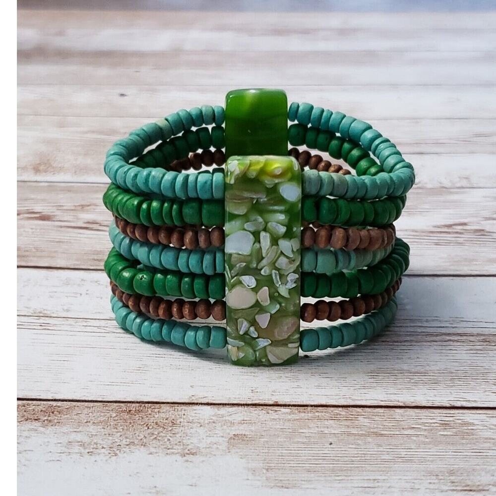 Vintage Stretch Bracelet / Bangle - Green & Brown Tones - Wide Bracelet